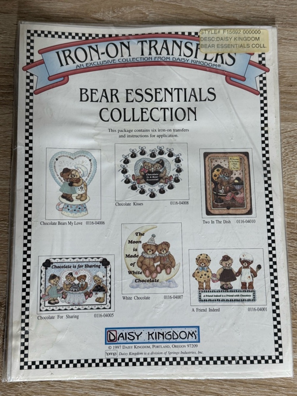 1997 Daisy Kingdom “Bear Essentials Collection “ Iron-On Transfer Pack of Six